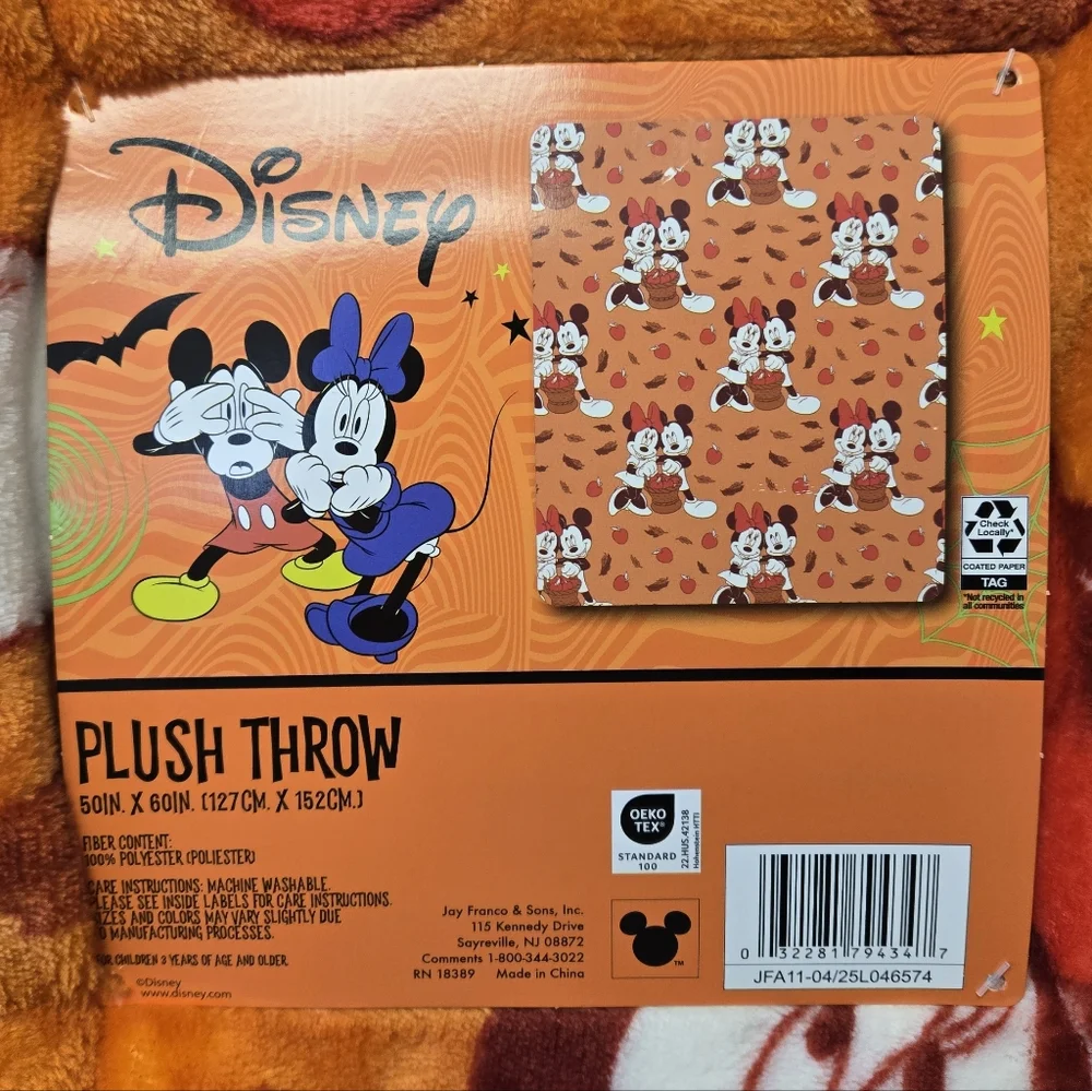 Disney Mickey Mouse Minnie Fall Leaves and Apples Plush Throw Blanket Orange